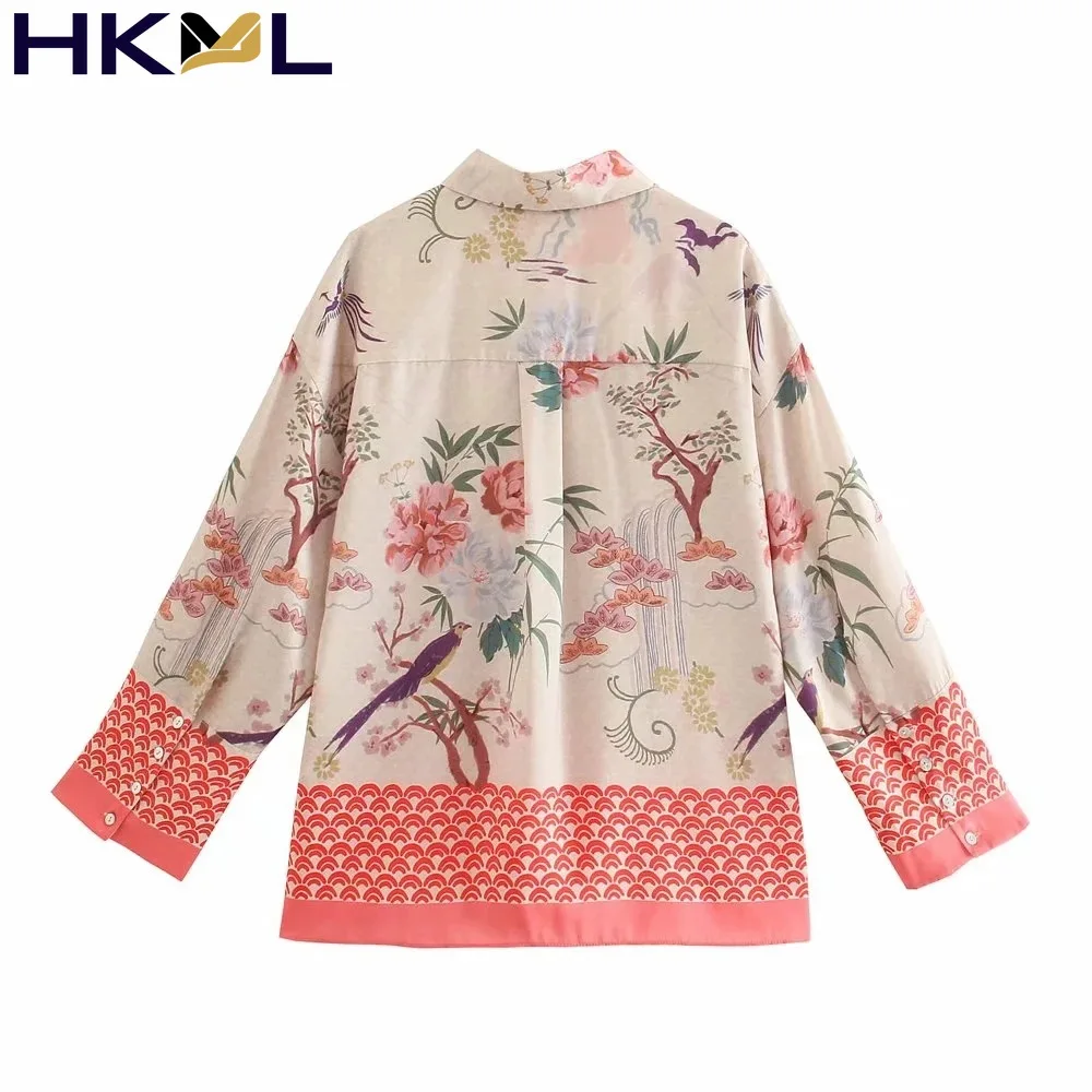 

Women Tops Lapel Single Breasted Patchwork Birds Floral Print Long Sleeve Shirt Tops 2021 Summer