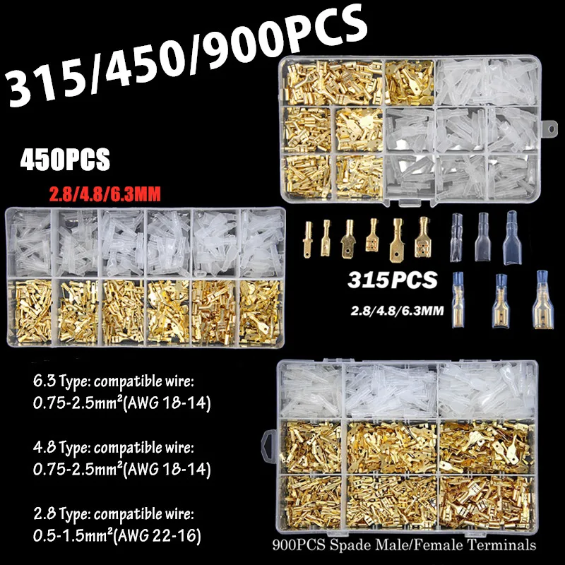 

900/450/315Pcs Insulated Male Female Wire Connector Electrical Crimp Terminals 2.8/4.8/6.3mm Spade Connectors Kit with Box