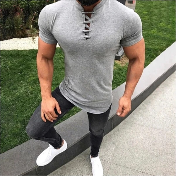 

Футболка Hirigin Мужская облегающая с коротким рукавом, повседневная однотонная Базовая рубашка с воротником-стойкой, бандаж на завязках, лето