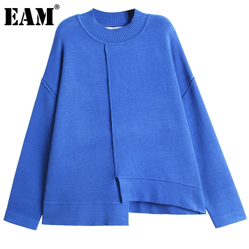 

[EAM] синий большой размер вязаный свитер свободный крой Водолазка с длинным рукавом женские пуловеры новая мода осень зима 2022 1DE4650
