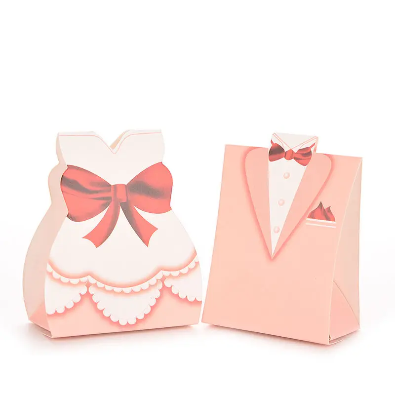 

100Pcs Bridal Gift Cases Groom Tuxedo Dress Gown Ribbon Wedding Favors Candy Boxes (50 Groom Tuxedo Boxes+50 Bride Dress Boxes)