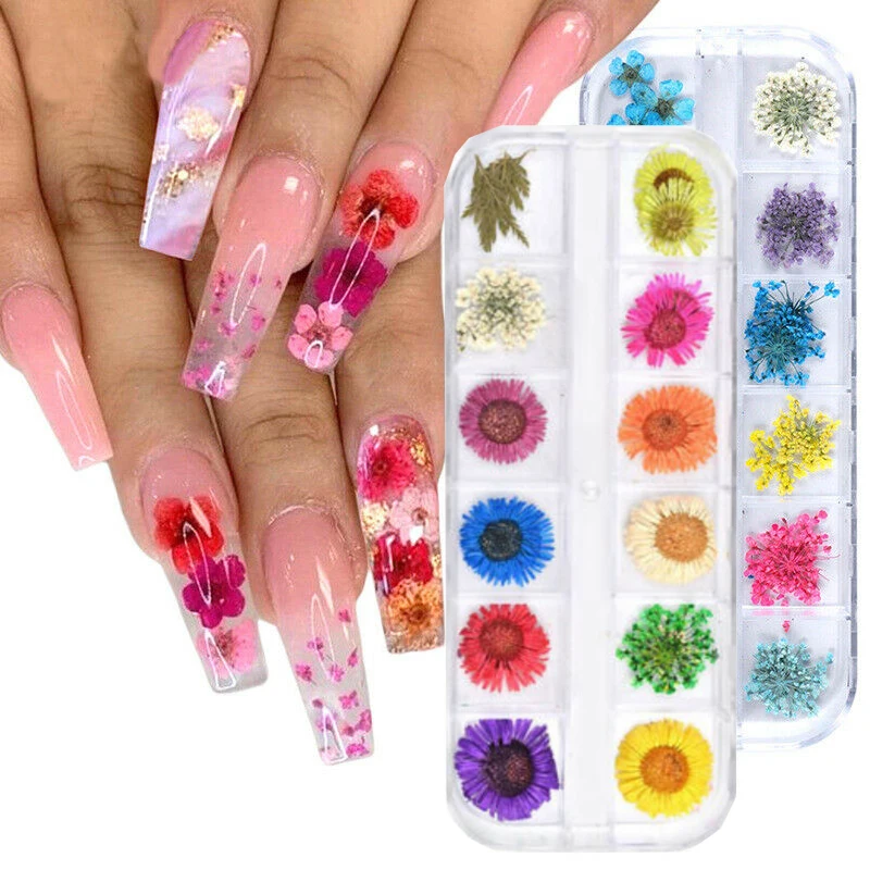 12 штук смешанные сухие цветочные Декоративные наклейки для украшения ногтей