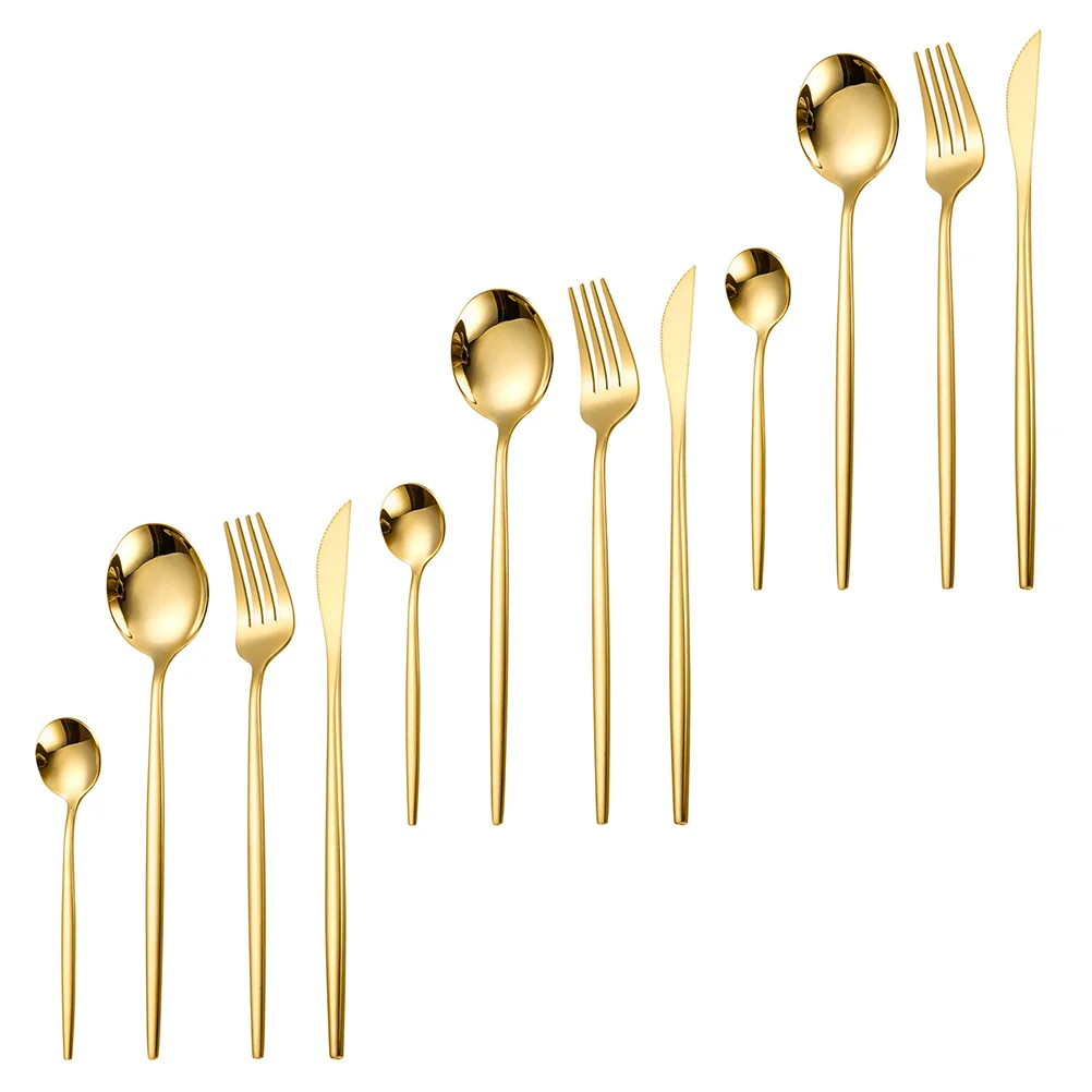 

12Pcs Stainless Steel Spoon Fork Cutter Set Tableware Kit Home Tableware (Golden)
