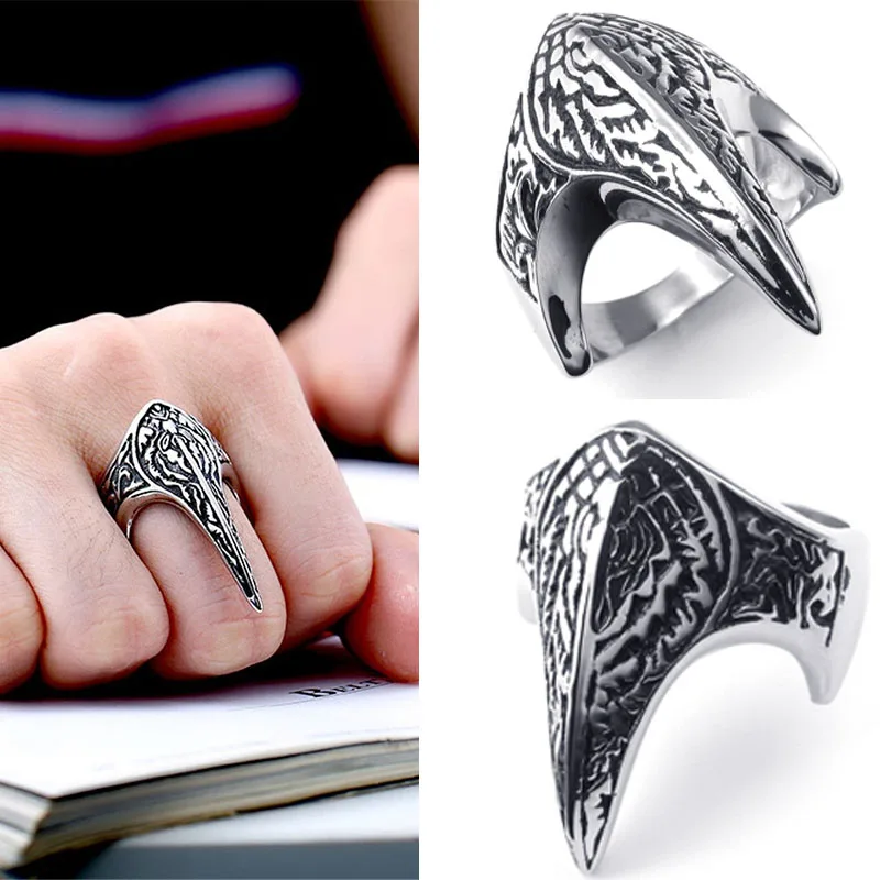 

Unique Eagle Crow Long Sharp Beak Metal Ring Silver Color Engraved Heterotypic for Men Party Jewelry Size 7-14