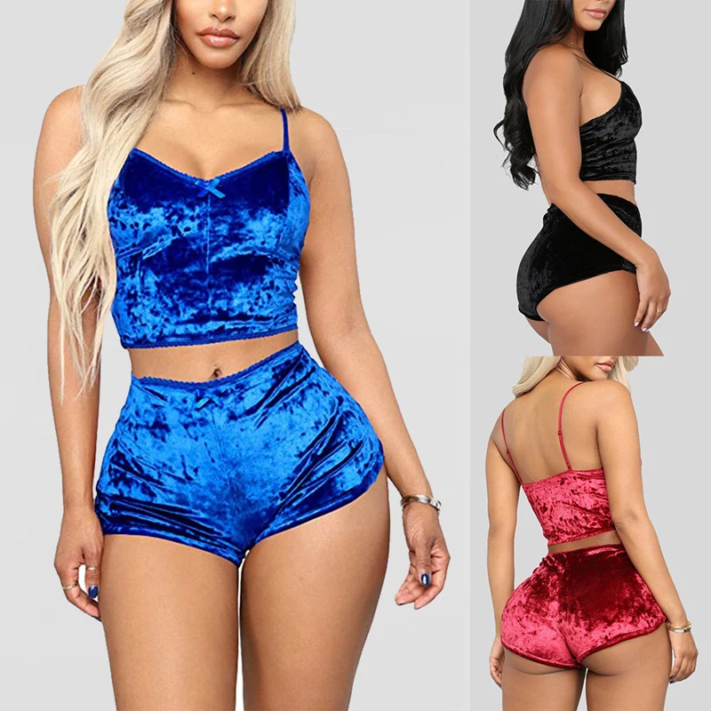 

Women's Velvet 2 Piece Pajama Set Sexy Spaghetti Strap Camisole Sleeping Clothes Women Bodysuit Lingerie Red Nightwear