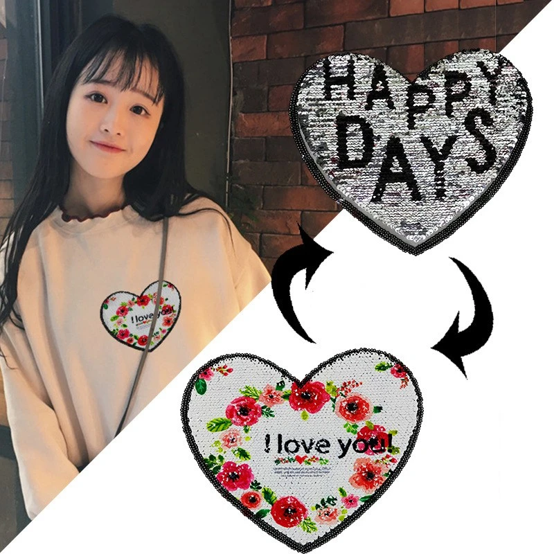 Цветок Любовь Сердце Наклейка Двусторонняя пайетка нашивка для шитья дешевые