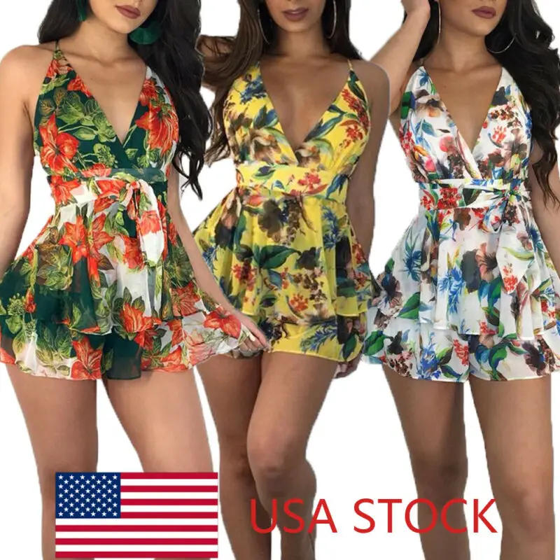 Женский сексуальный пляжный летний комбинезон с цветочным принтом и v образным