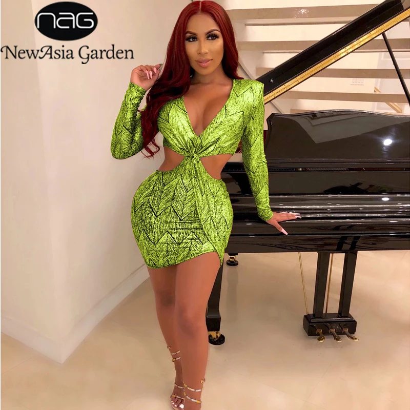 Женское Клубное платье NewAsia привлекательное открытое мини с длинным рукавом и v