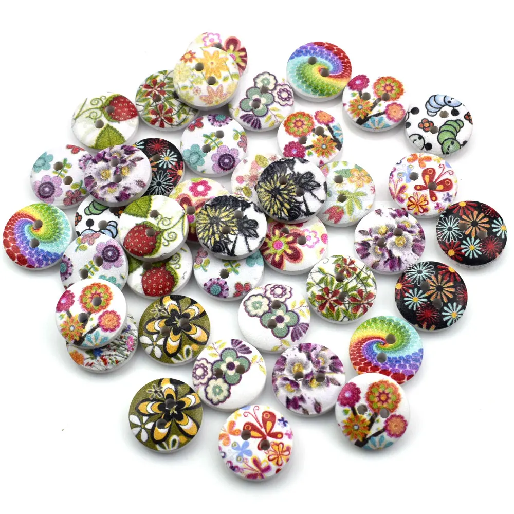 100 шт 15 мм цветочный узор круглая деревянная кнопка разные деревянные пуговицы 2