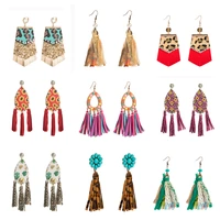 bohemia style pu leather frame inlay gemstone colorful leopard tassels dangle earrings pendant stud earrings for women jewelry