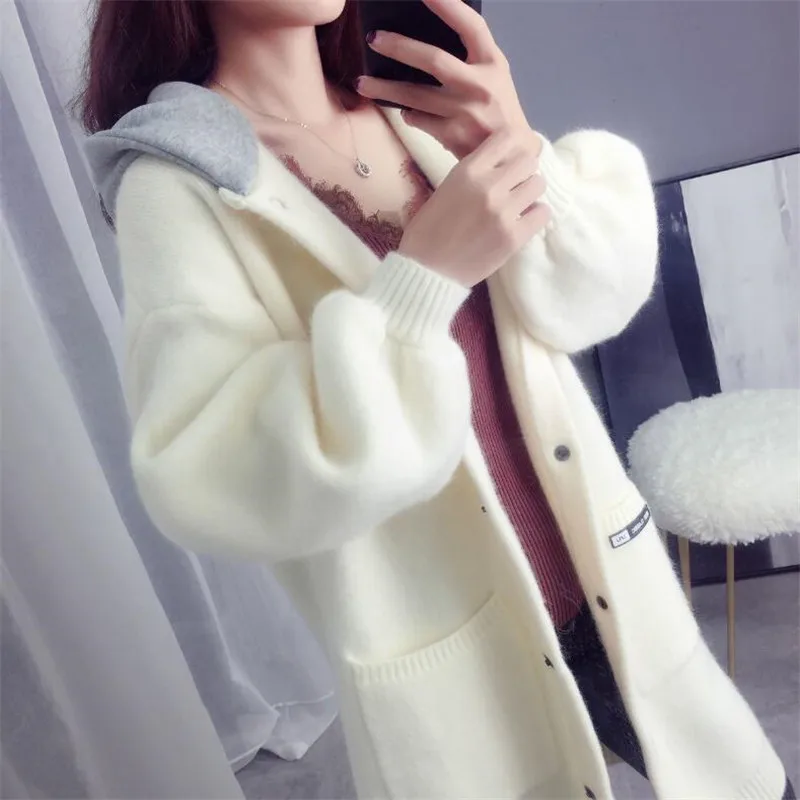 Новинка 2019 длинный свободный свитер Женская куртка осенняя и зимняя с капюшоном