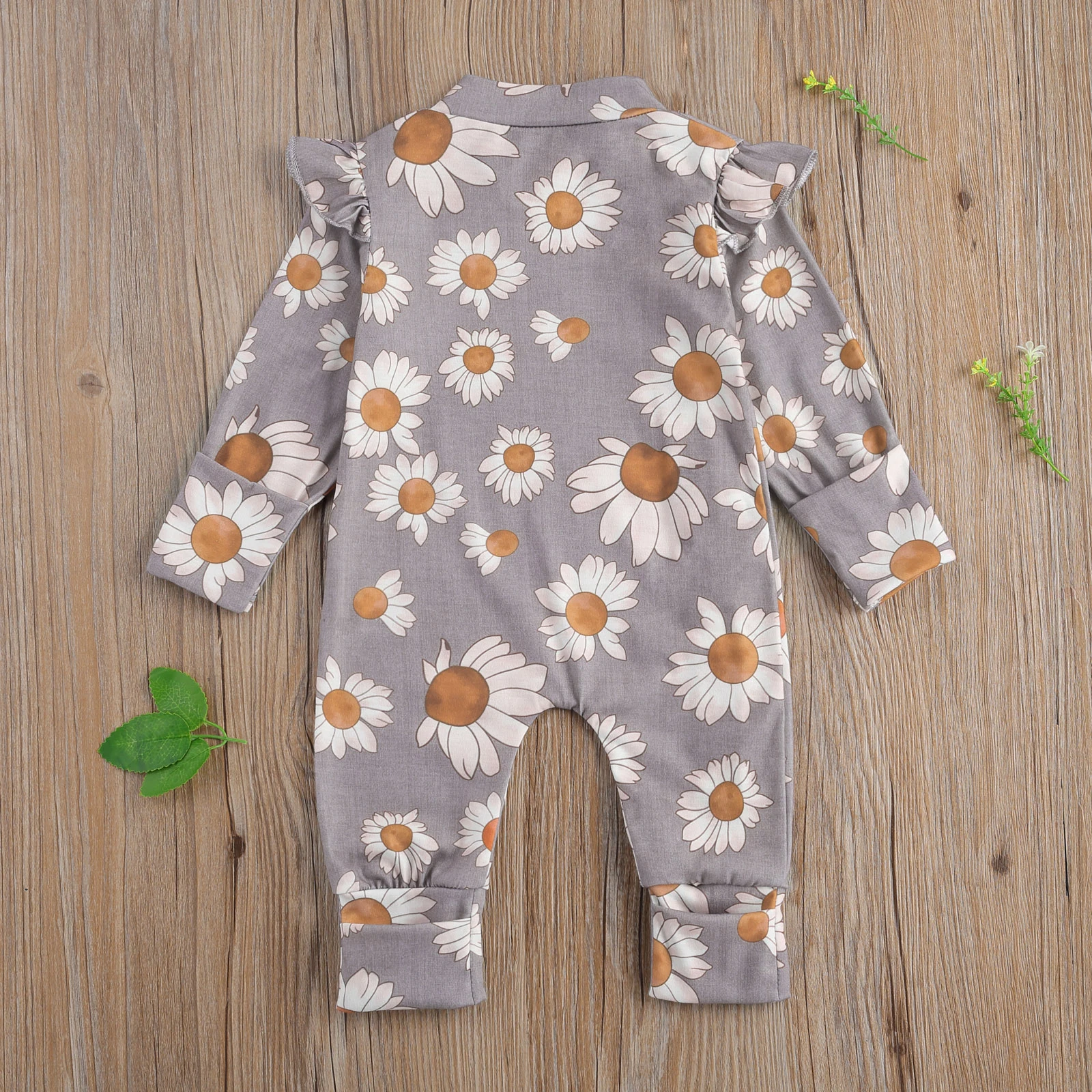 

0-24M Newborn Cotton Romper Baby Girls Long Sleeve Floral Print Zipper Long Romper Infant Toddler Ruffles Outfit Sunsuit Clothes