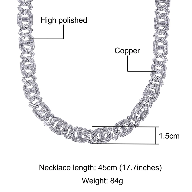 Hip Hop 15MM Heavy Miami Baguette Zircon Iced Out Cuban Link Necklace AAA CZ Prong Setting Necklaces Hip Hop Jewelry 18'' 24''