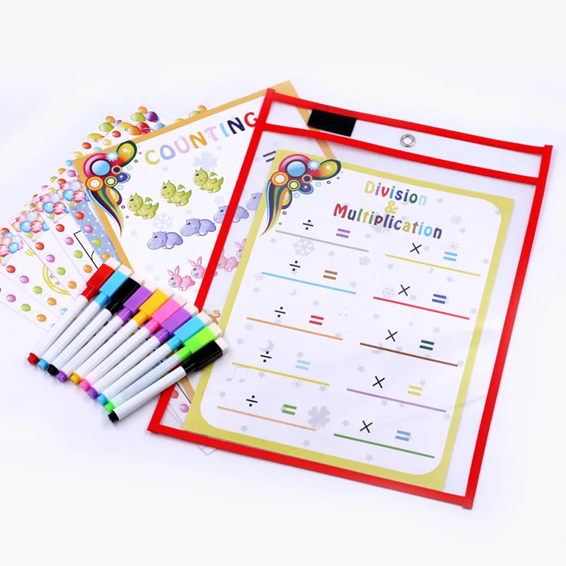 

10pc Reusable Dry Erasable Pockets Transparent Write And Wipe Drawing Board Dry Brush Bag File Pocket For Teaching Kids Pastels