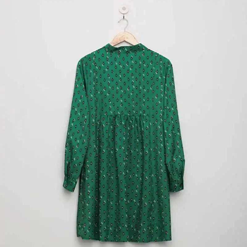 

Spring Casual Loose Print Dresses Women Vintage V Neck Green Dress Button Female Long Sleeve Holiday Beach Vestidos 2021