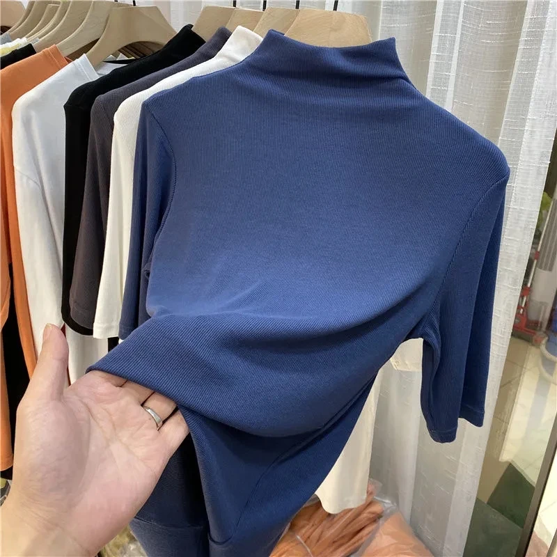 

Half high neck short sleeve T-shirt slim fit with bottomed shirt women's new summer medium sleeve versatile top P3 590