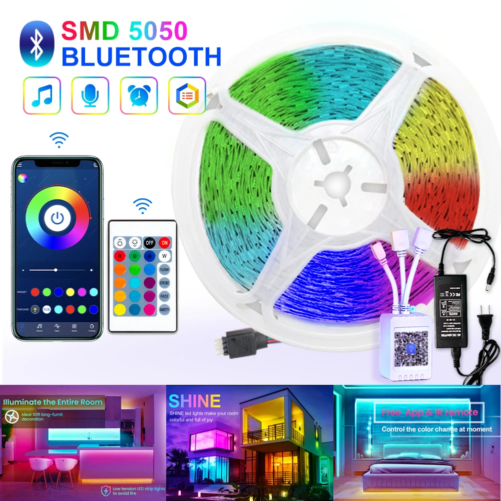 

Гибкая светодиодная лента для спальни, Bluetooth, Wi-Fi контроллер, изменение цвета, RGB 5050, светодиодная лампа для украшения кухни