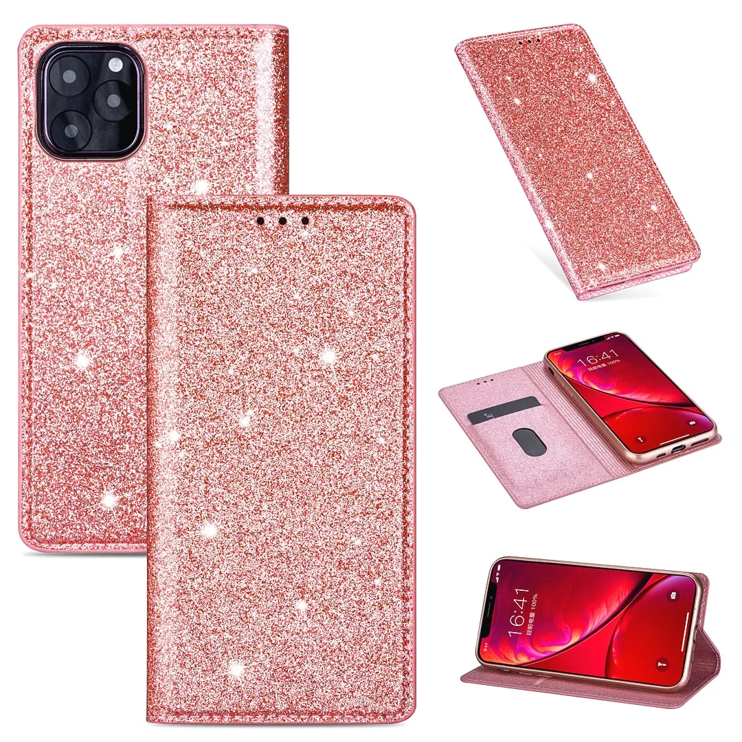 Блестящий кожаный магнитный флип-чехол для IPhone X Xr Xs 11 pro Max Bling кошелек держатель для карт Обложка для книги для IPhone 8 7 6 6s Plus - Цвет: Rose gold CSJ