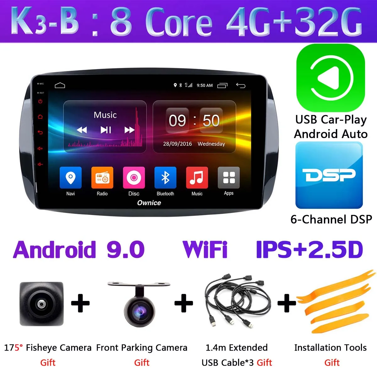 K3-B-CarPlay 360 ° камера 4G LTE Android 9,0 4G+ 64G SPDIF DSP CarPlay Автомобильный мультимедийный плеер для Mercedes Benz Smart Fortwo- gps радио - Цвет: K3-B-CarPlay