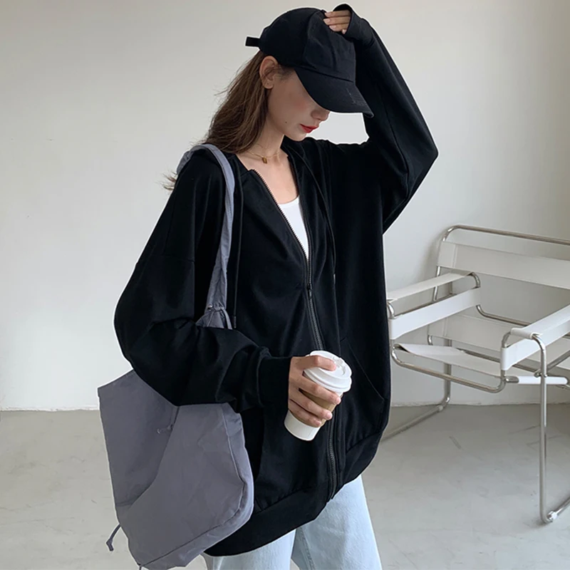 CDJLFH Black Zipper Sweatshirt Winter Jacket Clothes Long Sleeve Pullover Hoodies Women Harajuku Vintage Warm Pockets Sweatshirt
