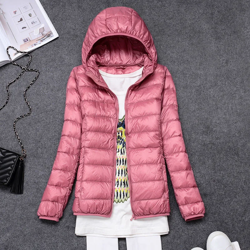 

2021 Winter Women Ultralight Thin Down Jacket White Duck Down Hooded Jackets Long Sleeve Warm Coat Parka Female Portable Outwear