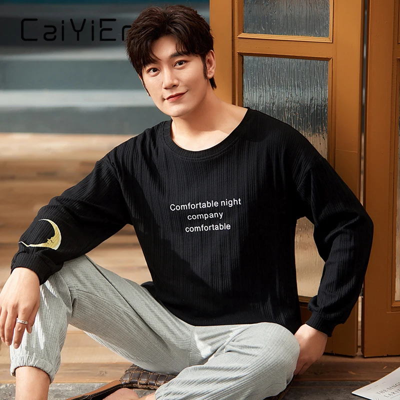 CAIYIER Autumn Winter Men Pajamas Set Cotton Plus Size Lounge Wear Contracted Print O-Neck Long Sleeve Trousers Male Nightwear