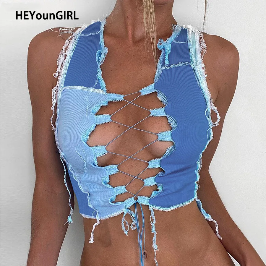 Женский укороченный топ без рукавов HEYounGIRL сексуальный с оборками майка футболки