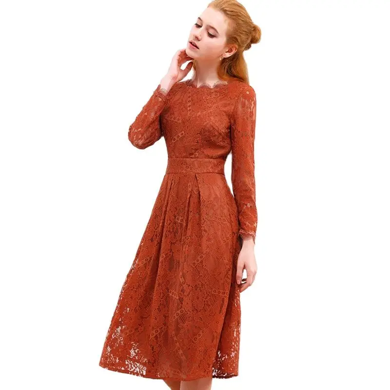Женское ажурное кружевное платье с длинным рукавом и круглым вырезом|vestidos plus|lace
