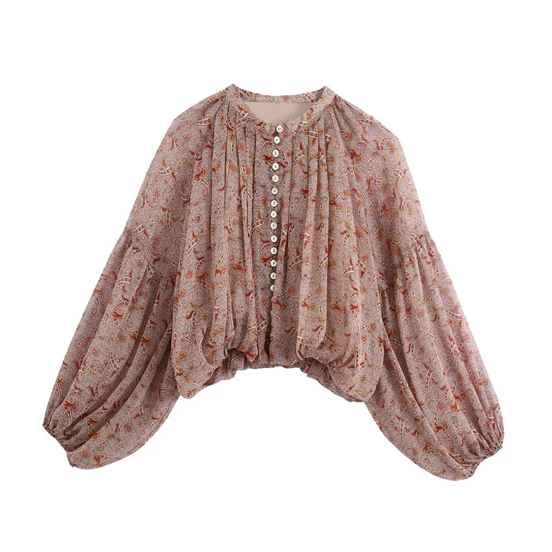 

Female Shirts Chic Tops Women Fashion Paisley Print Cropped Blouses Vintage Lantern Sleeve Elastic Hem