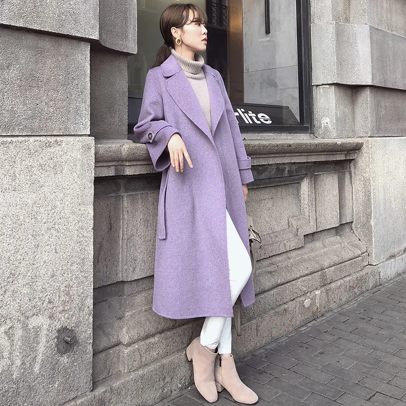 

Double-Sided Cashmere Coat Women Mid Length Autumn Winter 2020 New Loose Woolen High-End Purple Woolen Coat Female Fashion E446