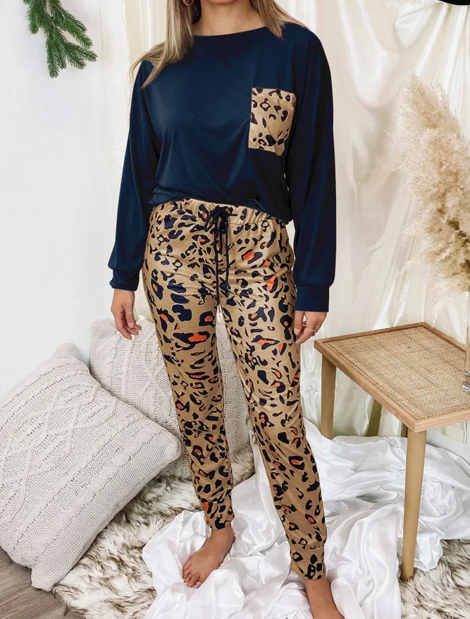 

Mandylandy Spring Autumn Fashion Leopard Print Home Suit Women's Casual Lace-up Pencil Pants + Long Sleeve O-Neck T-shirt Suit