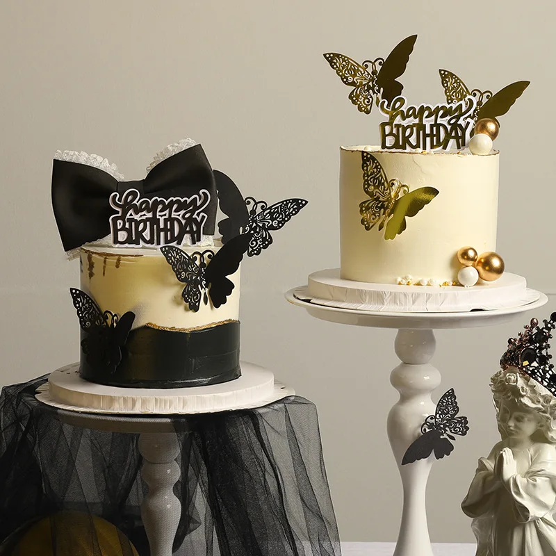 

Happy Birthday Cake Topper Luxury Black Gold Butterfly Big Bow Birthday Decoration Valentine's Day Party Baking Party Favors