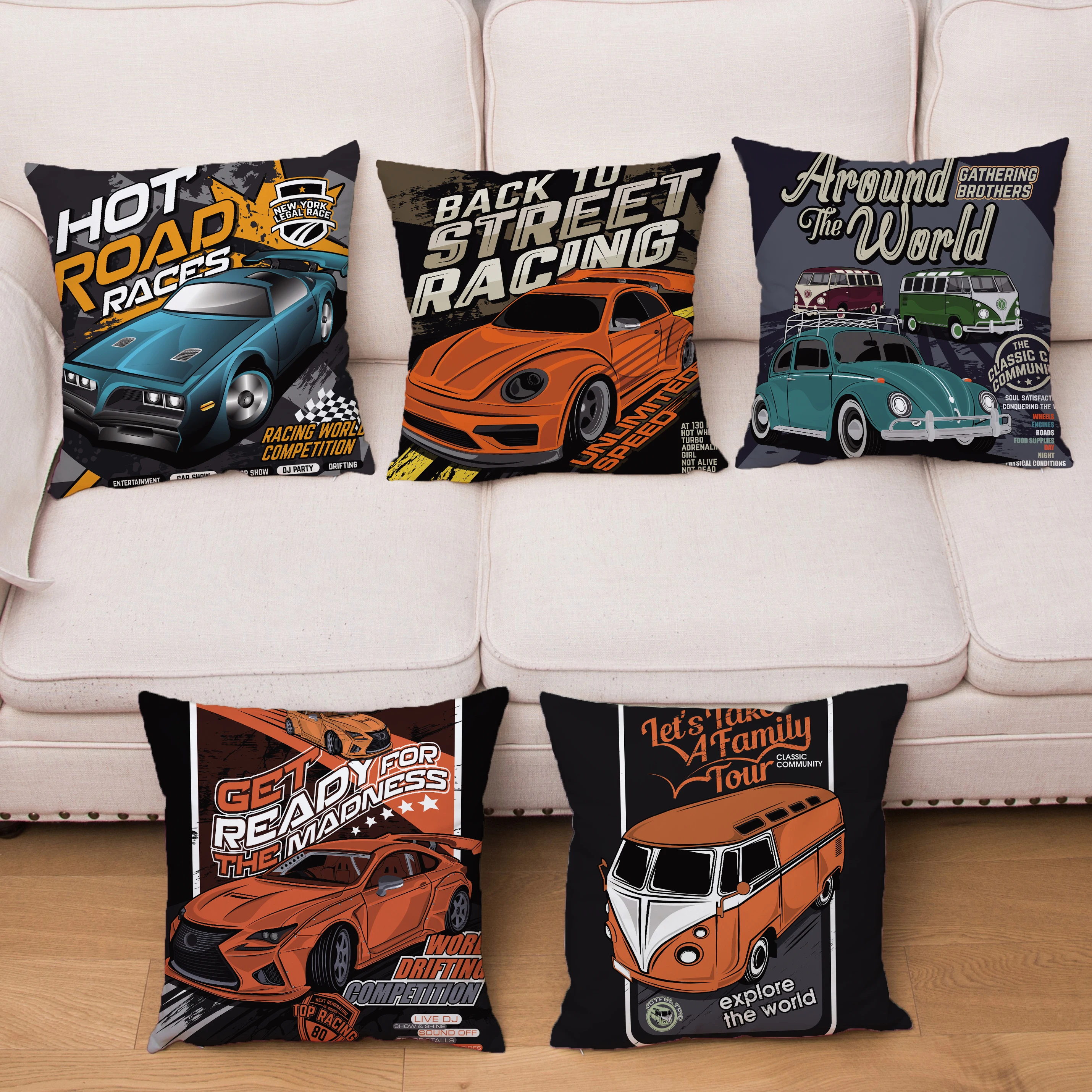 

Retro Bus Sports Car Pickup Trucks SUV Print Pillowcase Soft Polyester Cushion Cover Kid Gift Pillows Cases Sofa Home Decor