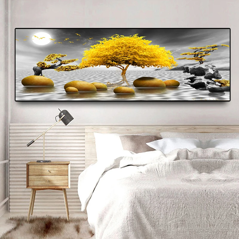 

Modern Golden Abstract Landscape Art Golden Tree and Stone Pictures Painting Wall Art for Living Room Home Decor (No Frame)