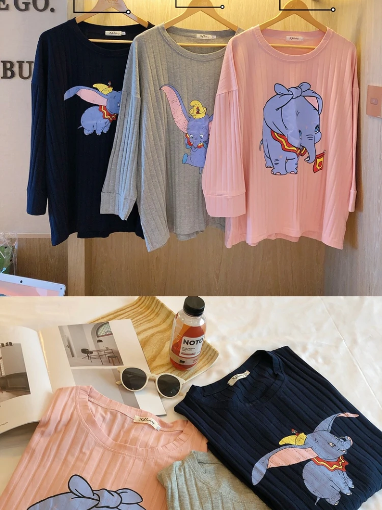 Disney Dumbo Cute Pijama Ladies Pajama Set Fashion Striped Sleepwear Home Suits Loose Soft Homewear Top and Sheer Pants Suit