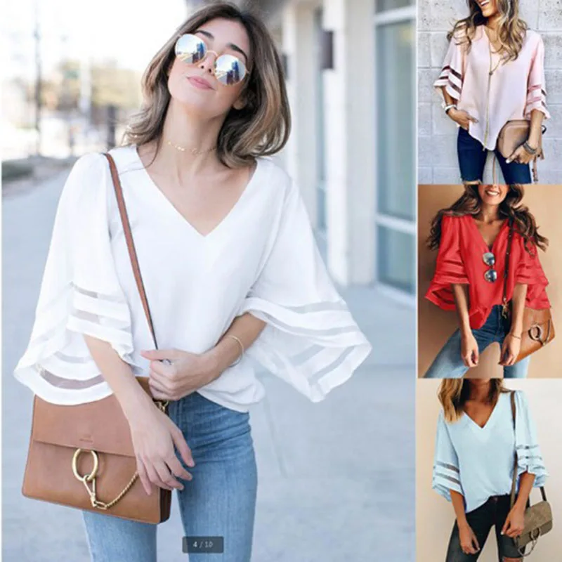 

Блузка женская шифоновая с V-образным вырезом, повседневный топ свободного покроя с рукавами-фонариками, из газовой ткани, в стиле оверсайз, ...
