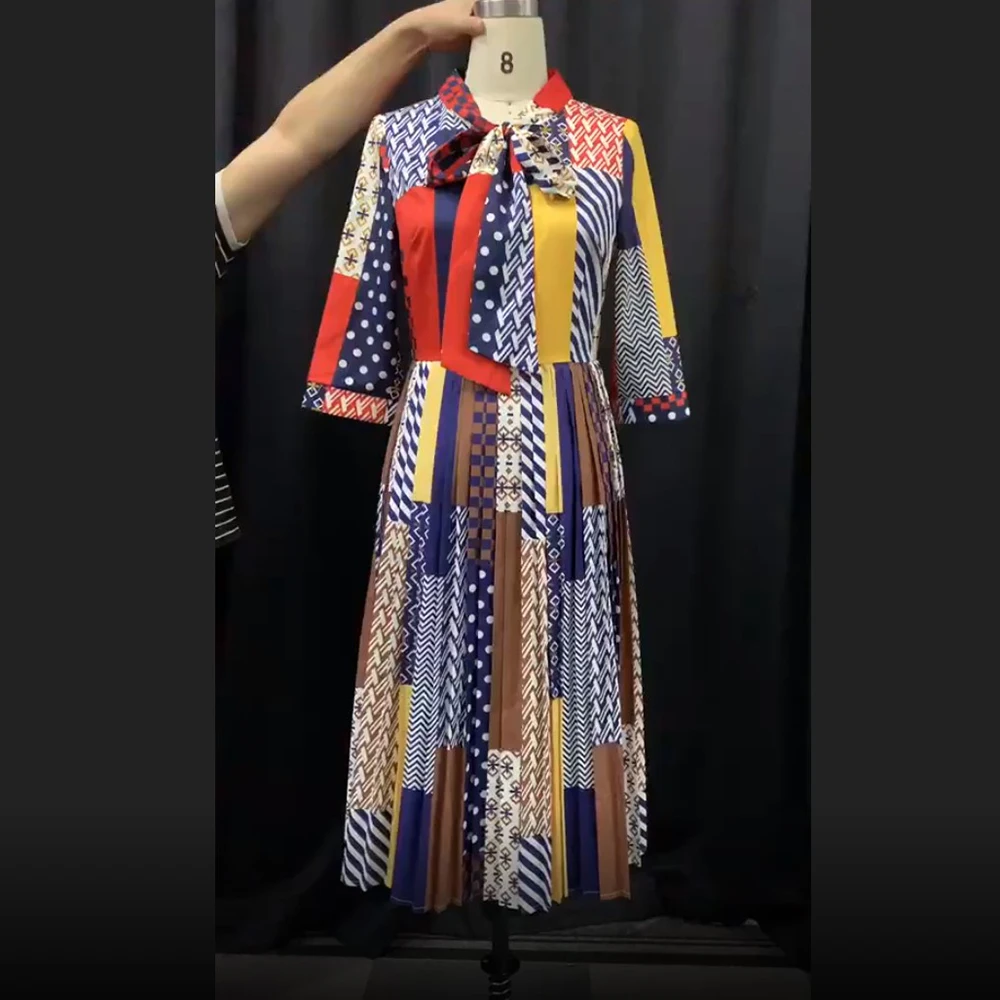 

Floral Pleated Dress African Women Autumn Elegant Office Lady Workwear Plus Size Midi Dresses Bohemia Robe A Line Femme Vestidos