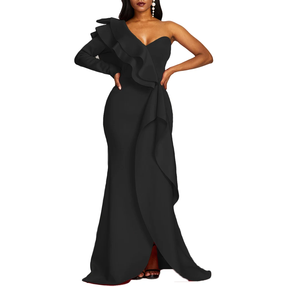 

sexy black ruffle dress party club night robe summer one shoulder mermaid dresses african new female long maxi vestiods trumpet