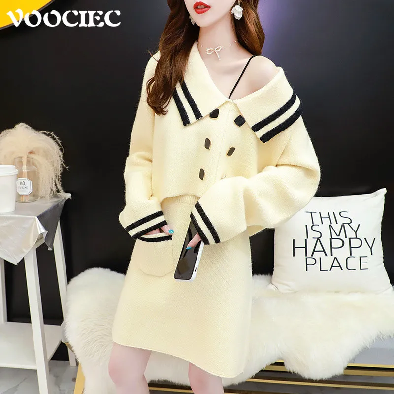 

VOOCIEC Women's professional suit Fall commuting fashion skirt suit Sweet slim knit two piece set 2 piece set women