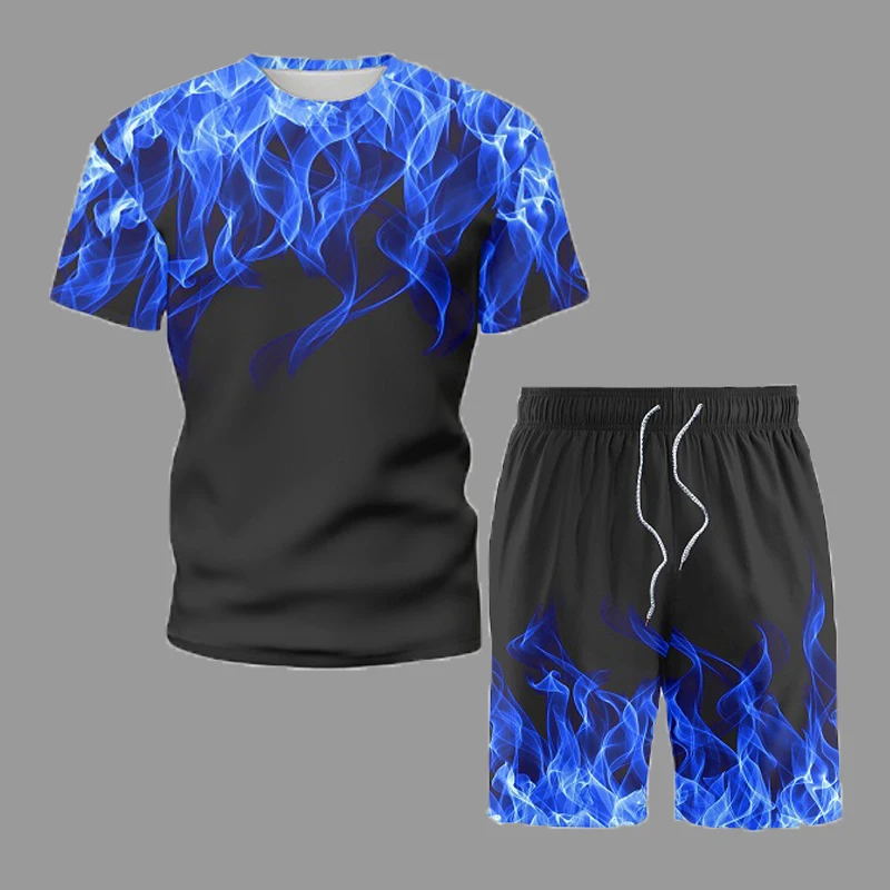 Blue Flame 3d Printing Men Clothing 2022 Summer Fashion T-shirt With Shorts Suit Cozy O-neck Male Short Tracksuit Outfit S-5XL