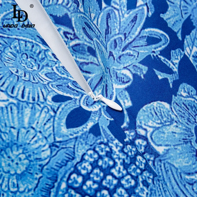 

LD LINDA DELLA Fashion Designer Autumn Women Blue Floral Print Skirts 2 Pieces Set Suits and Striped Shirt Suits