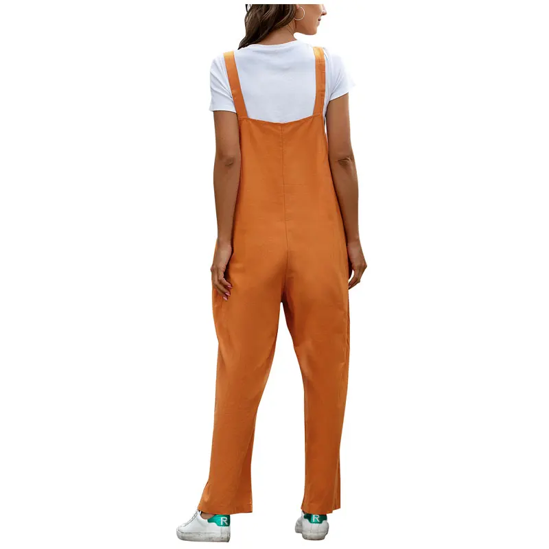

Hot Fashion Women Jumpsuits Summer new Loose long Trousers Girls Casual Orange Sleeveless Open-Back Pocket Jumpsuit