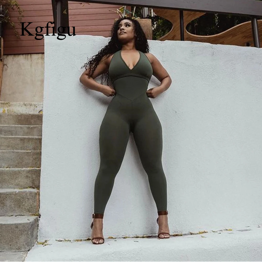 

KGFIGU летний женский комбинезон 2021 года с открытой спиной без рукавов сексуальный цельный наряд Комбинезоны для фитнеса женский облегающий э...