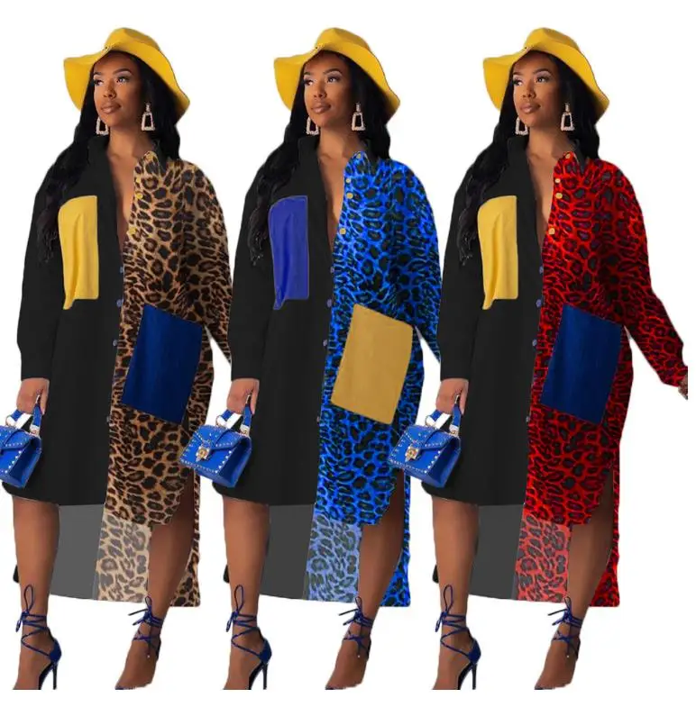 Осеннее женское Леопардовый принт пэтчворк на пуговицах блузки асимметричное