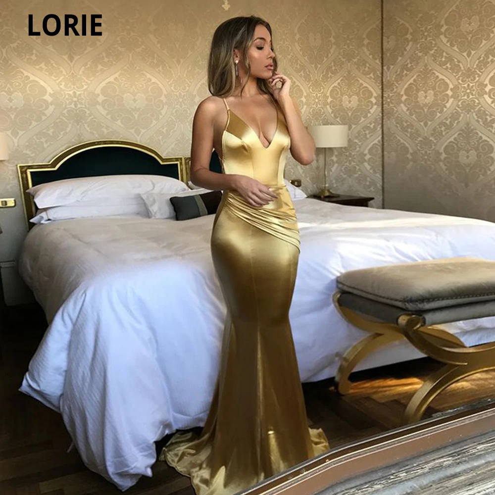 

lorie Sexy Gold Mermaid Satin Evening Dresses 2021 Abendkleider Spaghetti Straps Formal Evening Gowns Wedding Party Vestidos