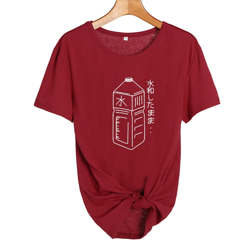 wine red-white Tumblr Футболка женская одежда летние топы Футболка с принтом японский Харадзюку бутылка воды Графический футболки черный белый хлопок Футболка - Цвет: wine red-white