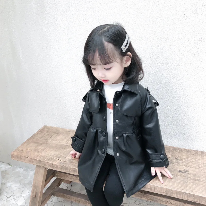 

Korean Children's Leather Clothes Middle and Small Children's Leather Jacket Long Leather Windbreaker Girls' Leather Coat