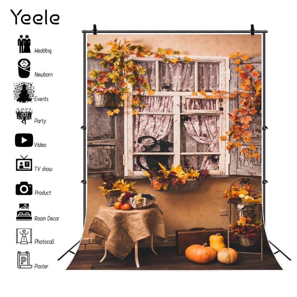

Yeele Autumn Leaves Window Baby Portrait Backdrop Photographic Pumpkin Fruit Background Photography Photo Studio Photocall Props