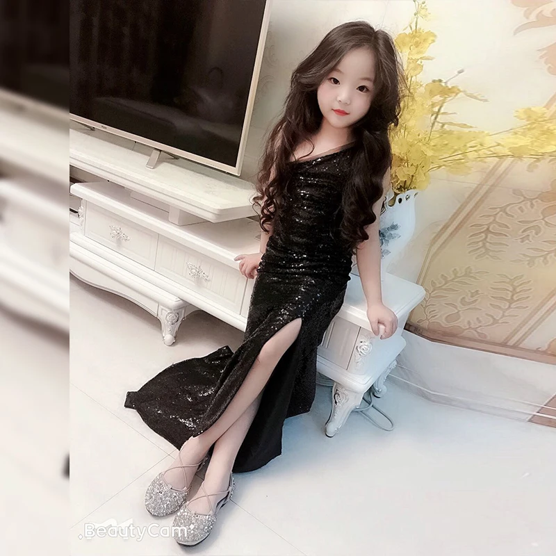 sequin mermaid dress age for teenage girls one-shoulder  vintage noble graduation gowns evening party kids frocks L0227