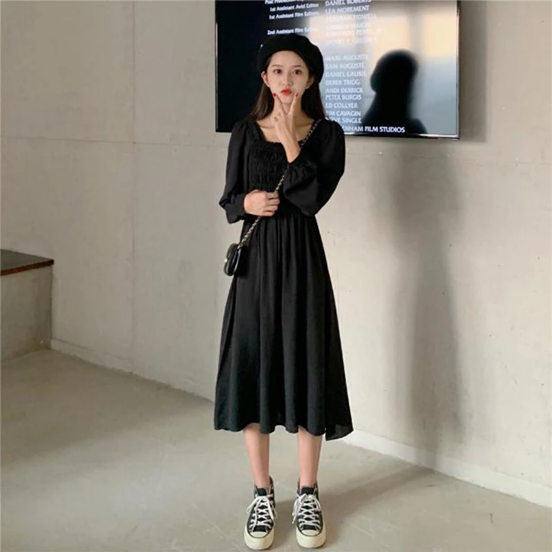 

Women's Spring Autumn Style Dress Solid Color Square Neck Long Sleeve Ruffles Vintage Elegant Dress AA3214